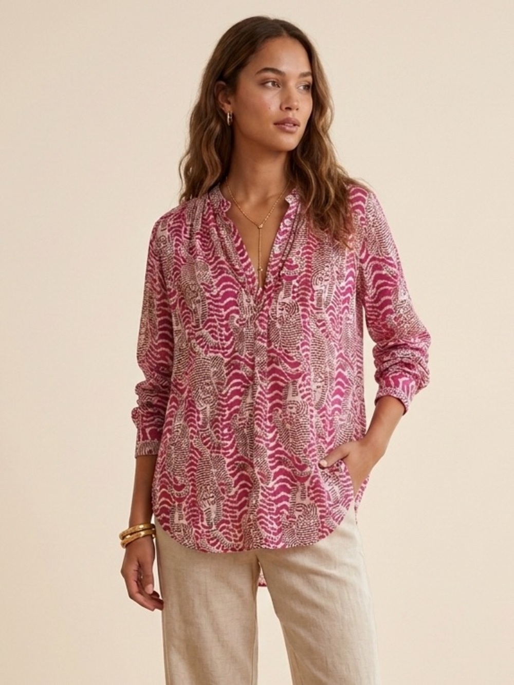 Matta 100% Cotton Pink Tiger Leopard Jungle Long Sleeve Button Up Blouse Small